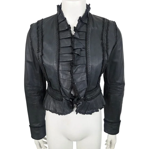 Vintage Y2K Black Leather Jacket Womens Small Ruffle Whimsygoth Romance Coquette - Picture 1 of 12